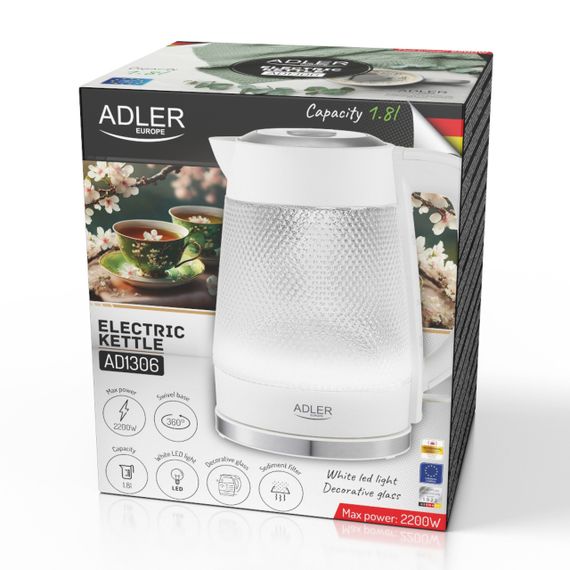 Електрочайник скляний Adler AD 1306 білий 1,8 л, 2200 Вт | Зображення 6
