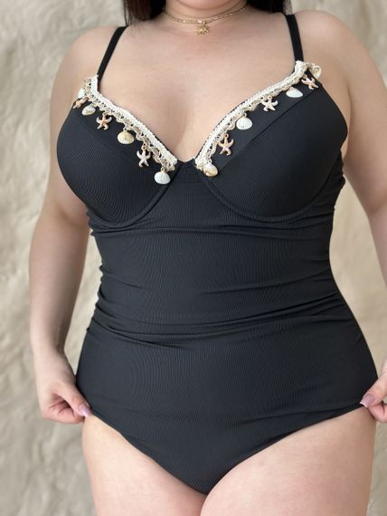 Чорний суцільний купальник PLUS SIZE  з мушлями на бюсті | Зображення 8