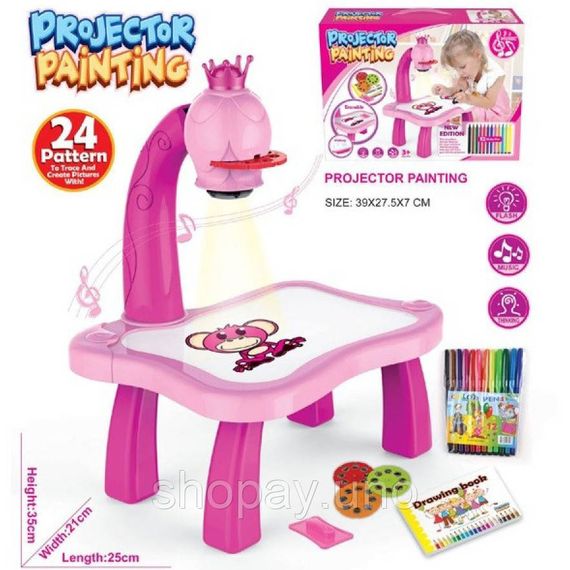 Рожевий Дитячий стіл проектор для малювання з підсвічуванням Projector Painting 24 Деталі | Зображення 2