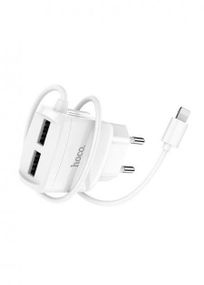 Мережевий зарядний пристрій Hoco 2хUSB із вбудованим кабелем lightning  White (C59A)