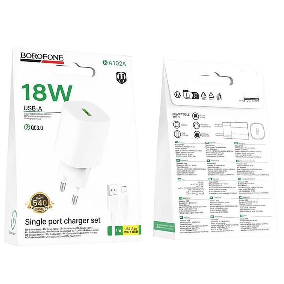 МЗП Borofone BA102A Pudding QC3.0 (1USB-A) + кабель USB to MicroUSB White | Зображення 1
