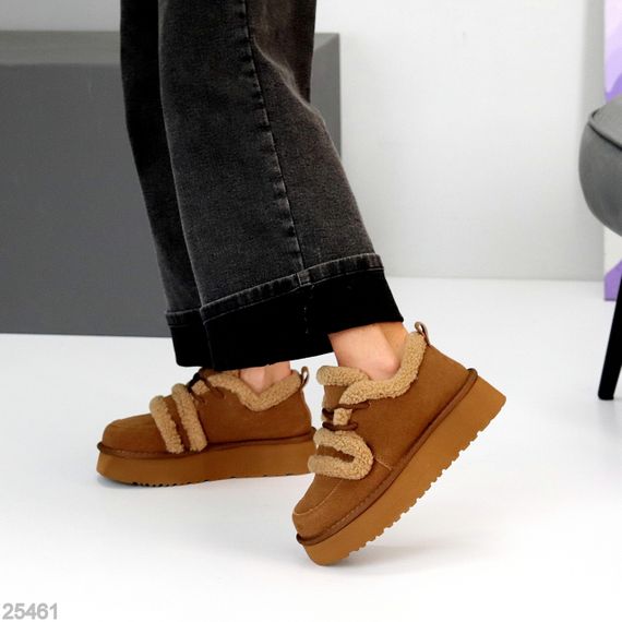 Трендовые теплые замшевые кроссовки-угги на липучке цвет Camel | Зображення 8