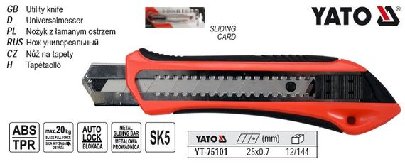 Нож YATO Польща ниж висувне трапецевидне лезо h=25 мм YT-75101