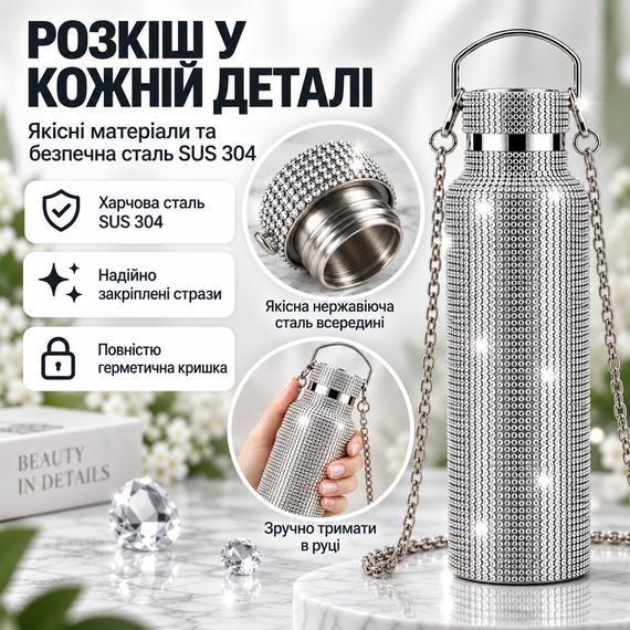Термопляшка 500 мл зі стразами та ланцюжком, нержавіюча сталь, Срібляста у подарунковій коробці | Зображення 2