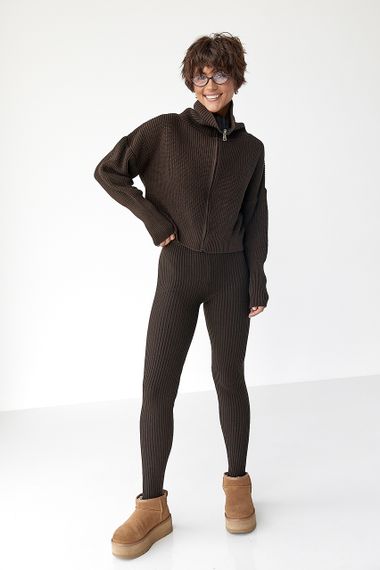 В'язаний короткий кардиган з довгим коміром - темно-коричневий цвет, ONE SIZE (є розміри) | Зображення 2