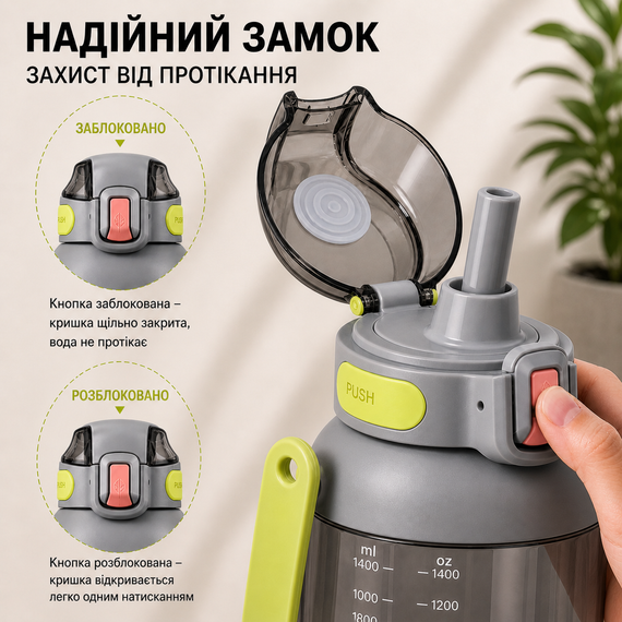 Бутылка для воды TKK 1400 мл (1,4 л) Tritan, с мерной шкалой, соломинкой и ремешком, серая | Зображення 5