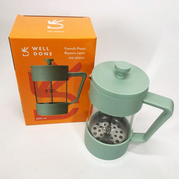 Френч-прес Well Done WD-8056A 600 мл м'ятний, Стильний скляний чайник для заварювання, Френч для чаю | Зображення 2