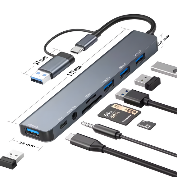 USB Type-C хаб концентратор 8 в 1 SD TF USB 3.0 2.0 3.5 мм Aux з перехідником | Зображення 1