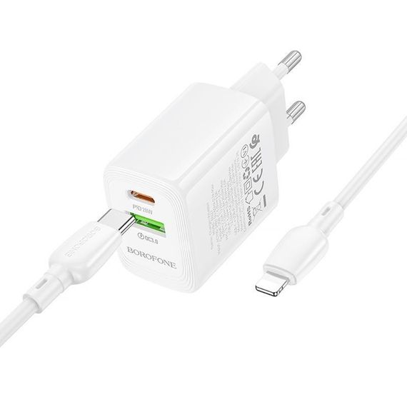 МЗП Borofone BN27 Fuente PD20W+QC3.0 (1USB-A/1C) + кабель Type-C to Lightning White | Зображення 3