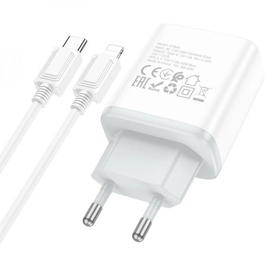 МЗП Hoco C104A PD20W (1USB-C) + кабель Type-C to Lightning White | Зображення 1