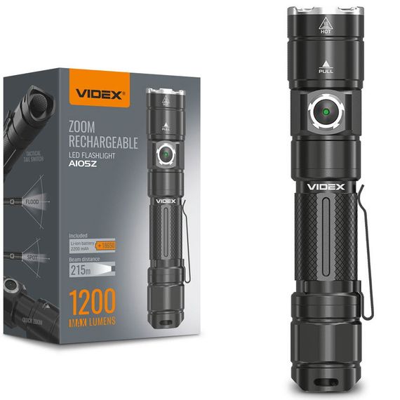 Фонарь Videx 1200Lm 5000K до 210 м дальность света, алюминиевый корпус, с аккумулятором  и регулировкой фокуса