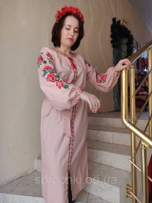 Сукня жіноча ,довга , рожеве з вишивкою , домотканная тканина