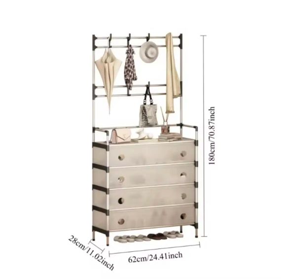 NEW Залізна вішалка для одягу + підставка для взуття, 2 в одному, 4 полиці Бежева | Зображення 4