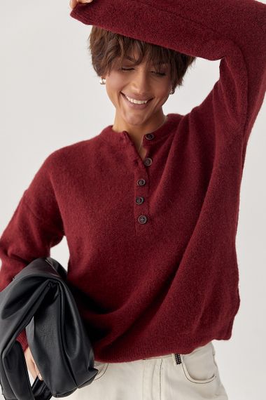 В'язана вільна кофта з ґудзиками на горловині - бордо цвет, ONE SIZE (є розміри) | Зображення 4
