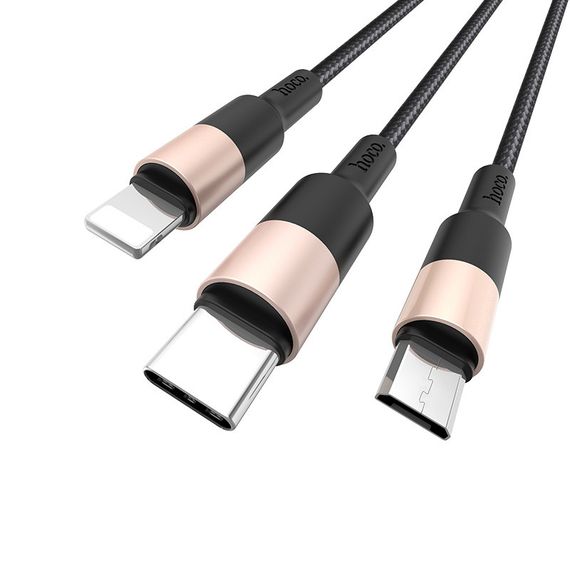 Кабель HOCO X26 USB-1 3 in 1 Micro/Iphone/Type-C, 2A, довжина 1м, Black/Gold, Box | Зображення 1