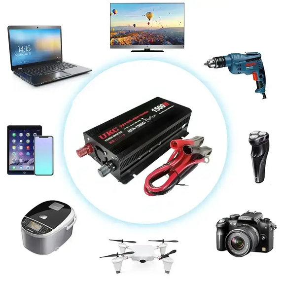 Автомобильный инвертор 1500 Вт, 12–220 В, 2×USB, чистый синус / Преобразователь напряжения / Инвертор для котла и техники | Зображення 1