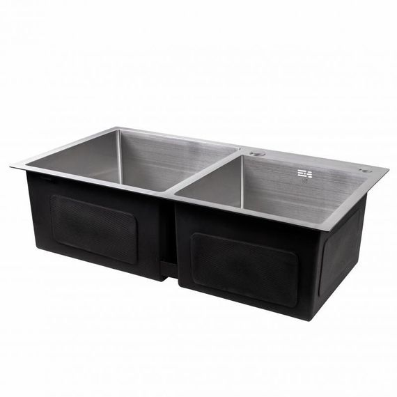 Мойка для кухни с двумя чашами интегрированная Lidz Handmade H7843 (LDH7843BRU35387) Brushed Steel 3,0/1,0 мм | Зображення 3