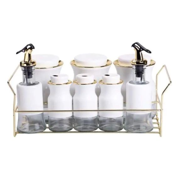 Набір для спецій на підставці з пляшками для олії та оцту 8 предметів Білий HP-1360W