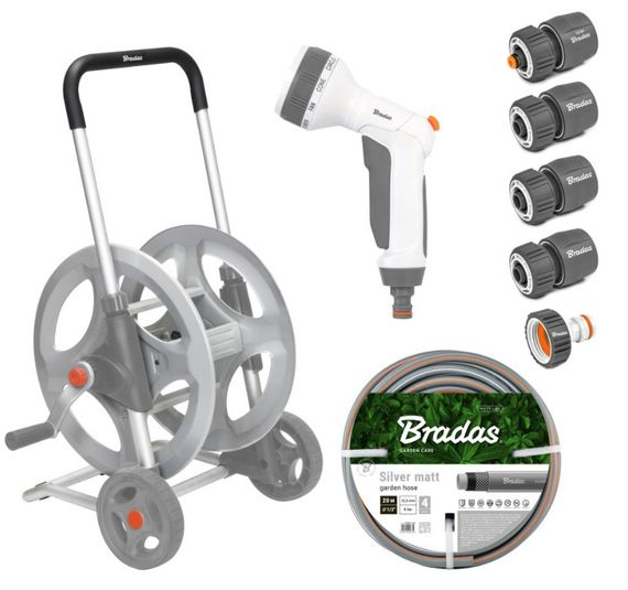 Металевий візок зі шлангом Bradas WHITE LINE 1/2" 30 м та аксесуарами комплект для поливу SILVER PRO SET (WL-AG33330SET1)