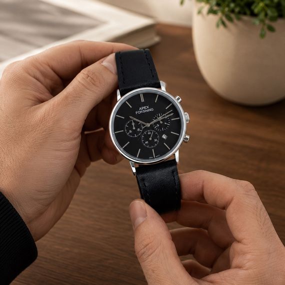 Чоловічий годинник Forsining 8312 Black-Silver з хронографом та шкіряним ремінцем | Зображення 3