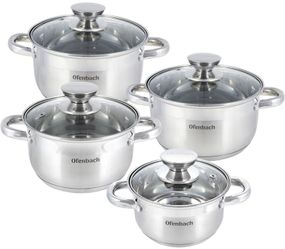 Набір 4 каструлі Ofenbach Casserole із нержавіючої сталі (1.1л, 1.7л, 2.4л, 3.4л) зі скляними кришками