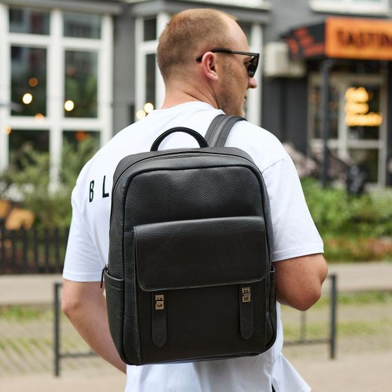 Стильний чоловічий шкіряний рюкзак 40х30х17, практичний аксесуар для ноутбука та документів, чорний | Зображення 1
