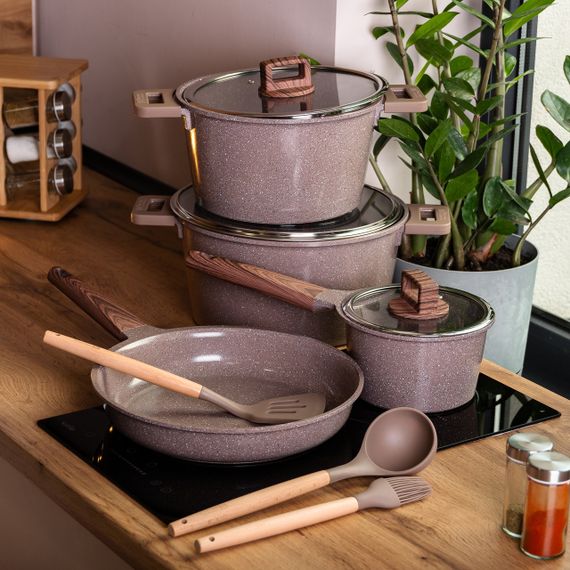 Набір посуду алюміній з товстим дном MGC з лопаткою, ополоником і пензликом кавовий | Зображення 5