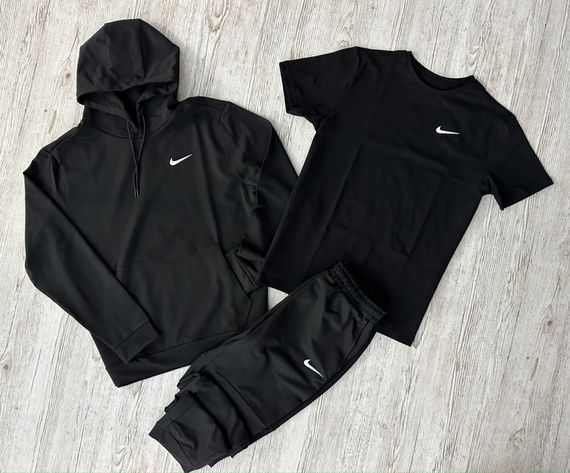 Комплект 3 в 1 Демісезонний спортивний костюм Nike чорний худі + чорні штани (двонитка) + Футболка чорна Nike