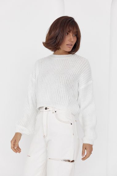 Короткий вязаный джемпер oversize молочный цвет S | Зображення 4
