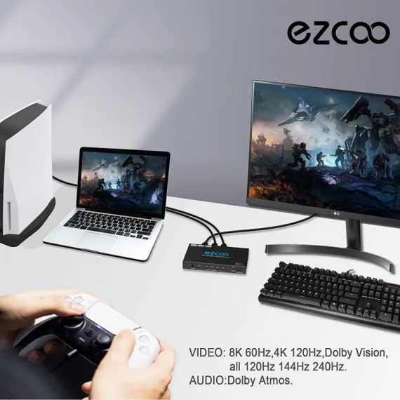 EZCOO 8K HDMI Switch 4 входа 1 выход, HDMI-коммутатор, поддерживает 8K@60 Гц и 4K120 Гц VRR, HDCP2.3, HDR Dolby Vision Atmos, дистанционное управление, CEC ( ez-sw41h21-asm) | Зображення 4
