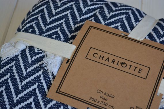 Плед бавовняний Charlotte 200×230 см. Зігзаг темно-синій | Зображення 1