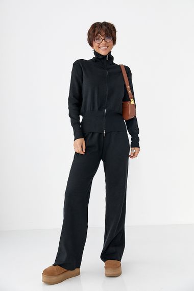 Трикотажний костюм із коротким кардиганом на блискавці та широкими штанами - чорний цвет, ONE SIZE (є розміри) | Зображення 4