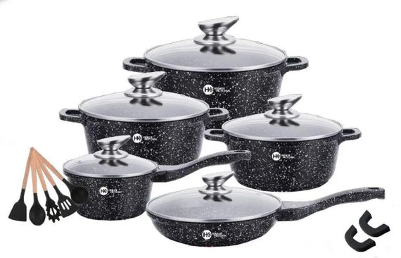 Набір посуду Higher Kitchen HK-305 17 предметів з кришками з гранітним покриттям | каструлі | ківш | сковорода | Зображення 5