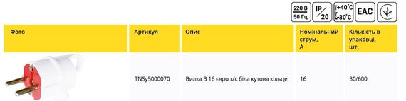 Вилка В 16 євро кутова з заземленням біла з кільцем Ny95000070 | Зображення 1