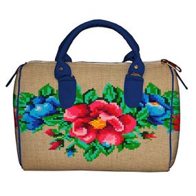 Сумка бочка Barrel Цветочная Украина вышивка с синими ручками 28x18x17 см (SB_15UKR045_SI)