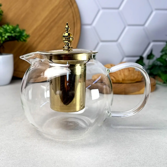 Стеклянный чайник-кофейник для плиты 950 мл Kandy GK-5801 с золотистыми элементами и удобным заварочным фильтром Прозрачный | Зображення 4