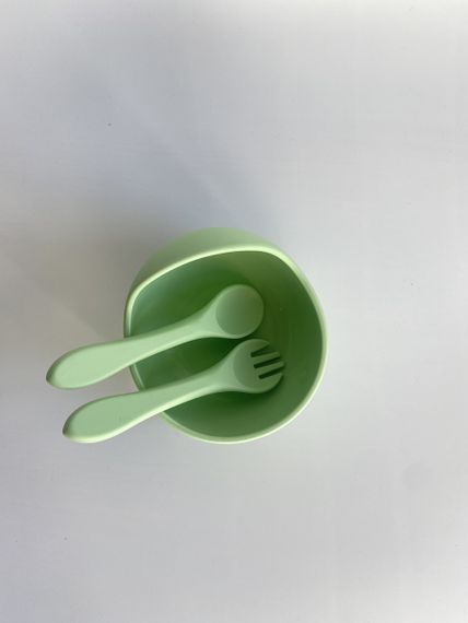 Глибока тарілка силіконова на присосці з приборами Пастельно Зелений | Зображення 1
