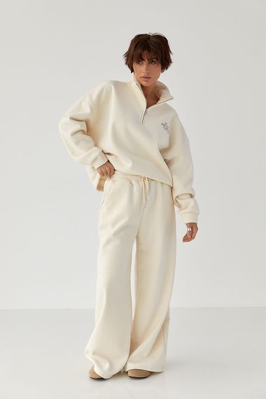 Утеплений спортивний костюм із штанами палаццо та світшотом - кремовий цвет, S/M (є розміри) | Зображення 4
