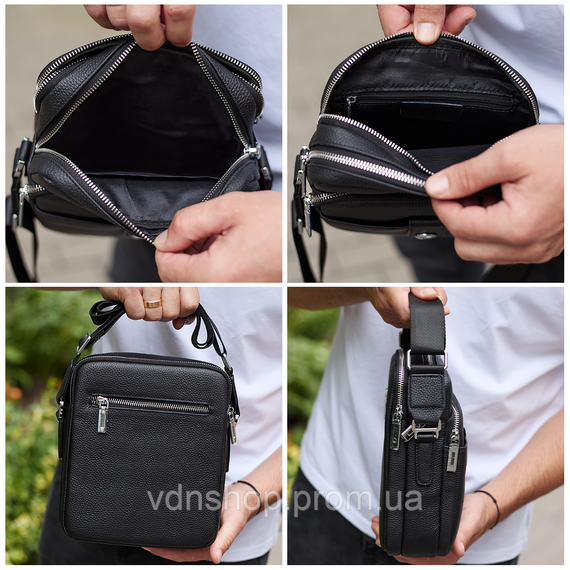 Чоловіча шкіряна універсальна сумка 24х20х8, барсетка зі шкіри, сумочка для чоловіків з регулюванням ручки, чорна | Зображення 7