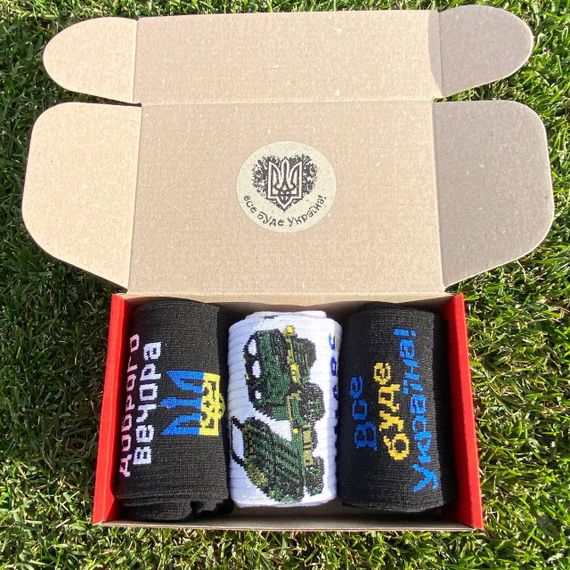 Подарочный набор бокс патриотичных мужских носков в коробке размер 40-45 3 пары разные цвета ч3укр13 | Зображення 1
