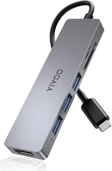 YIYOO 6-в-1 USB-C хаб, HDMI 4K@30Hz, 3x USB 3.0, SD/TF, адаптер для MacBook, Surface, XPS, PS5, Xbox, ноутбуків