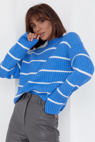 Женский вязаный свитер оверсайз в полоску - синий цвет, S (есть размеры) | Зображення 5