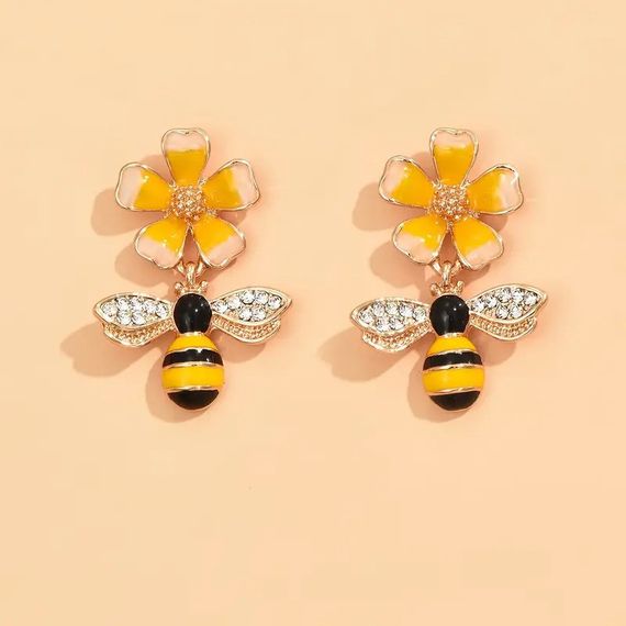 Серьги гвоздики с подвеской Liresmina Jewelry Пчела и Цветок с капельной глазурью 3 см золотистые | Зображення 4