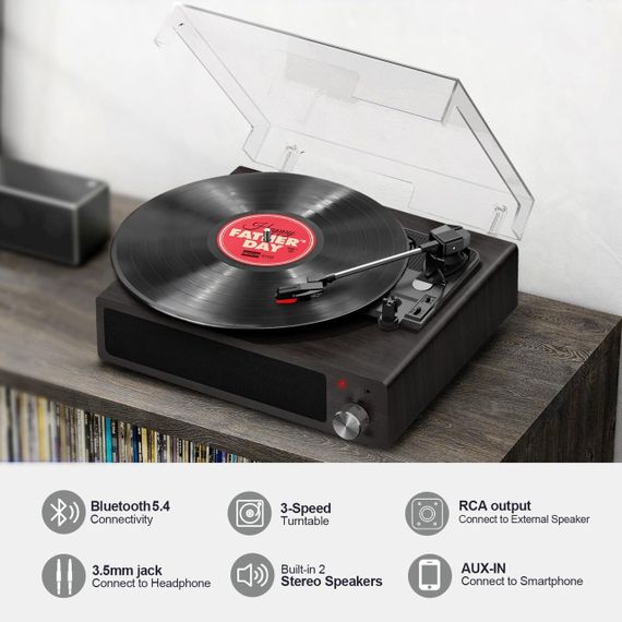 Вініловий програвач платівок FYDEE з Bluetooth, вбудовані стереодинаміки 2×3 Вт, RCA AUX, 3 швидкості, автостоп ретро | Зображення 2