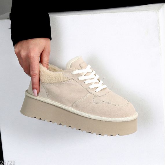 Светлые бежевые кроссовки угги натуральная замша + мех Тедди | Зображення 4