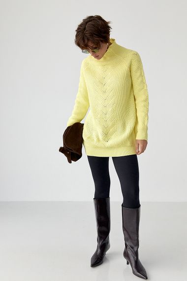 В'язаний жіночий светр із косичками - лимонний цвет, ONE SIZE (є розміри) | Зображення 2