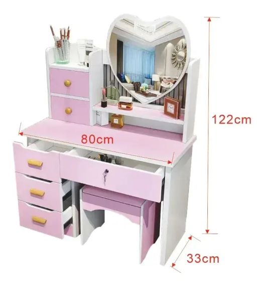 Туалетний столик з LED-дзеркалом у формі серця, пуфиком та висувними ящиками (STL-MD 89) | Зображення 1