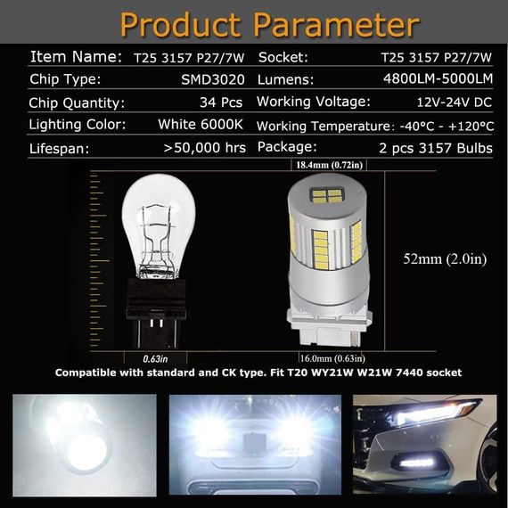 Світлодіодні лампи Eseestar T25 3157 P27/7W білого кольору 6000 K з вбудованим резистором і чипом 34LED-SMD3020 | Зображення 4