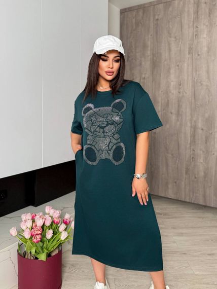 Женское платье-футболка длинное с коротким рукавом, больших и батальных размеров IS872, цвет зеленый, размер 54/56