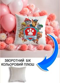 Подушка плюшева Мерч Крафт Дизайн з принтом paw patrol 1 імя Маргарита сірий плюш квадратна 33х33 см